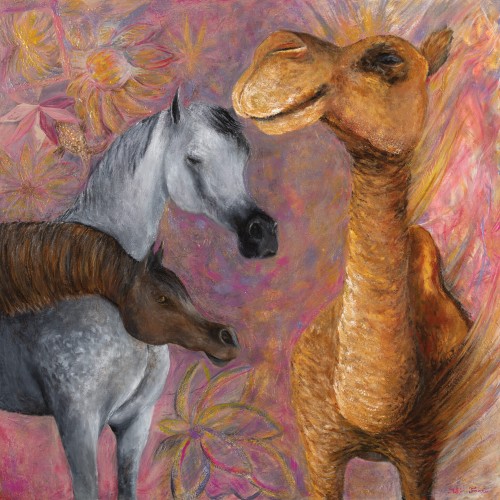 Fanni Mikó - Gemälde - THE CAMEL WITH TWO HORSES - 2023, ACRYLIC, CANVAS - 100 X 100