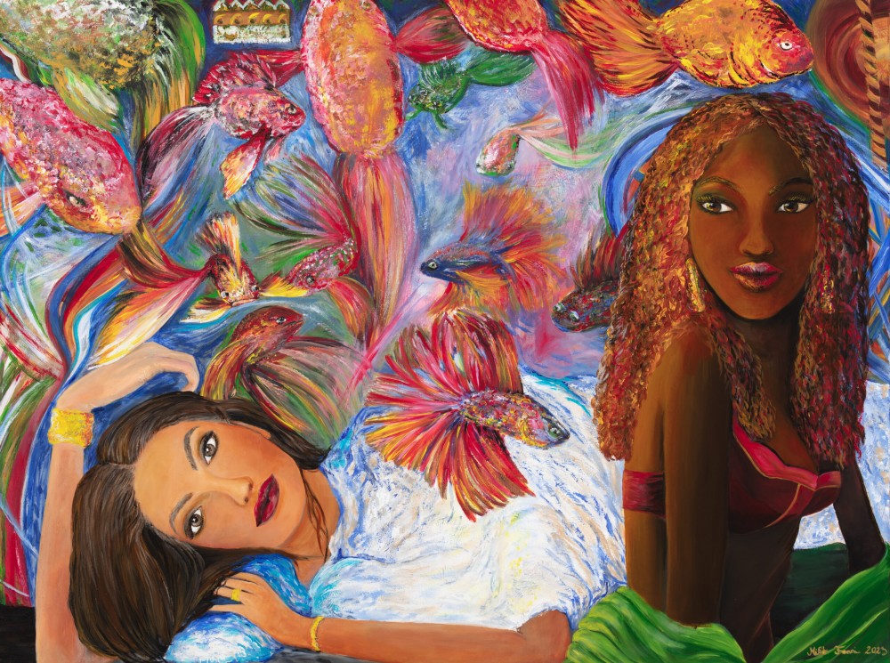 Fanni Mikó FEMALES AND BETTAS - 2023, ACRYLIC, CANVAS - 90 X 120 Gemälde