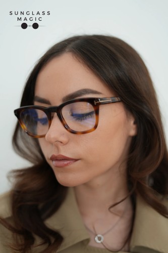 Tom Ford FT5870-B - 056 - 50 - MIT BLAU-VIOLETTEM LICHTFILTER-GLÄSERN Brillenfassungen Havanna Eckig