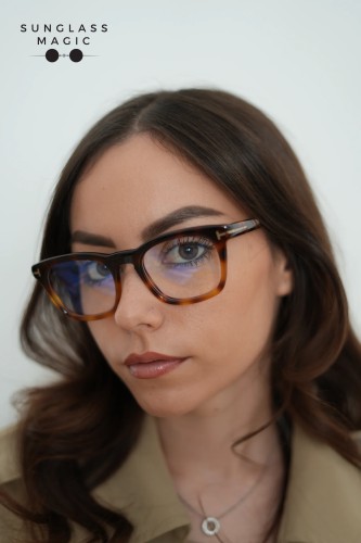 Tom Ford FT5870-B - 056 - 50 - MIT BLAU-VIOLETTEM LICHTFILTER-GLÄSERN Brillenfassungen Havanna Eckig